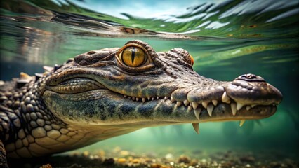 Fototapeta premium A crocodile's piercing gaze from beneath the murky water surface, its scaly body partially submerged , animal close up , crocodile eyes on water