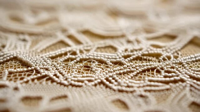Close-up beige lace fabric surface showing intricate woven pattern with textured background providing soft delicate detail.
