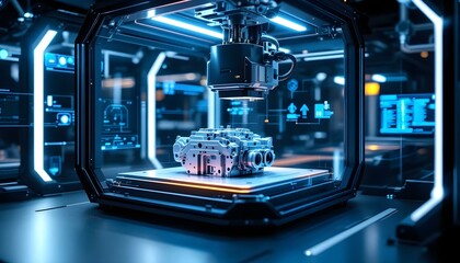 3D printer creating a complex mechanical part, showcasing advanced manufacturing.