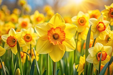 Obraz premium Panoramic Spring Blooms: Close-Up Yellow Daffodils & Irises Bouquet Photography