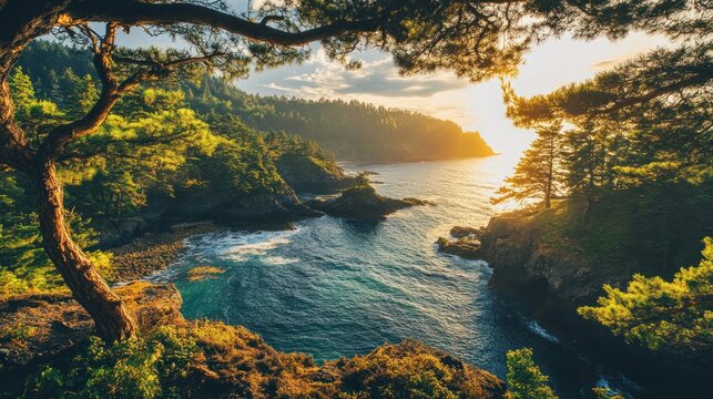Coastal serenity at sunset, framed by lush greenery and towering pines, overlooking a cove with turquoise water