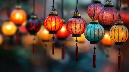 Vibrant Chinatown Concept. Colorful Lanterns Illuminated in a Vibrant Festival Setting at Dusk