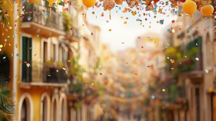 Naklejka premium Vibrant Chinatown Concept. Colorful Celebration in a Festive Street with Confetti and Lanterns Hanging