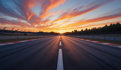 A race track at sunset, the vibrant sky reflecting on the asphalt. A sense of speed, journey, and achievement.
