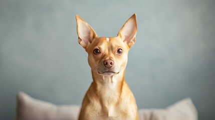 Small Tan Dog with Perked Ears Sitting on a Cushion