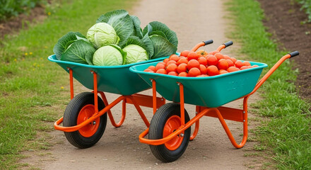 Harvested vegetables in wheelbarrows.