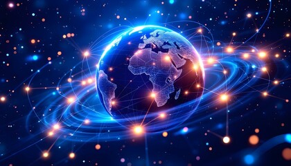 Fototapeta premium 3D rotating Earth with network lines and glowing hubs, futuristic global technology network visualization.