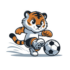 Tiger cub mascot playing soccer, mid-kick, in clean flat colors with a white backdrop
