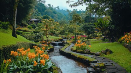 Fototapeta premium Tranquil waters flow through the lush landscaped gardens and vibrant blooms