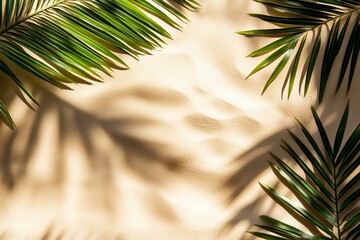 Bright sunlight highlights vibrant tropical leaves, casting intricate shadows on a textured beige surface. The scene evokes a sense of warmth and tranquility in a natural setting. 