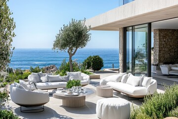 Obraz premium Coastal modern outdoor living space with panoramic ocean views. Relaxing seating and a round coffee table are the focal point. Landscaped garden surrounds the patio