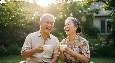 An elderly Asian couple laughing together while drinking tea in the yard