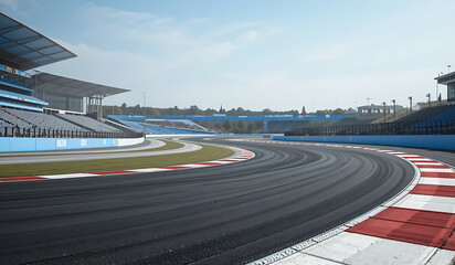 A sweeping curve of a race track, with stadium seating visible in the background. Asphalt, speed, and competition.