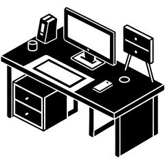Office desk with computer silhouette vector illustration