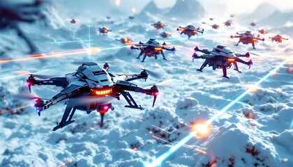 3D swarm of small robotic drones with glowing neon accents flying in formation, digital grid and holographic overlays .