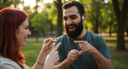 A man with a hearing disability uses sign language with his friend