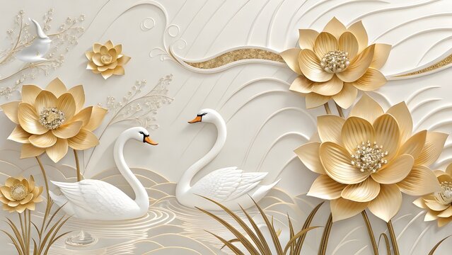 Elegant golden lotus and swan serenity.