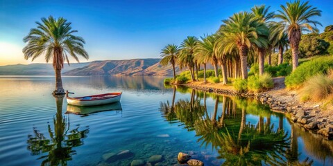Fototapeta premium Sea of Galilee Landscape: February Boat & Palm Trees, Tiberias, Israel