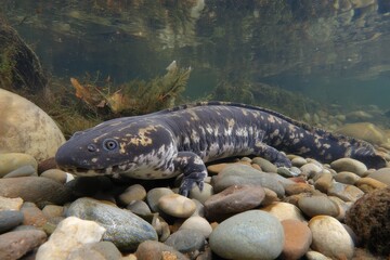 Underwater View of Amphibian on Riverbed Surrounded by Pebbles, Showcasing Unique Patterns and Colors, in Clear Freshwater Habitat with Natural Vegetation