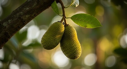 Ripe Jackfruit Hanging on Tree with Green Leaves in Natural Light variation 4