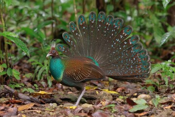 Obraz premium Vibrant and Colorful Bird Displaying Its Stunning Feathers in a Lush Green Forest Environment with Rich Foliage in the Background