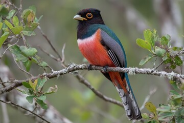 Fototapeta premium Vibrant and Colorful Bird Perched on Branch in Natural Habitat with Lovely Green Leaves in Background, Showcasing Bright Plumage and Intricate Details