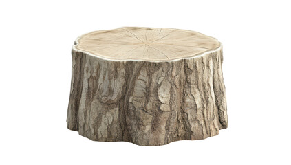 A rustic, light-brown tree stump, smooth on top, textured bark below, isolated on black
