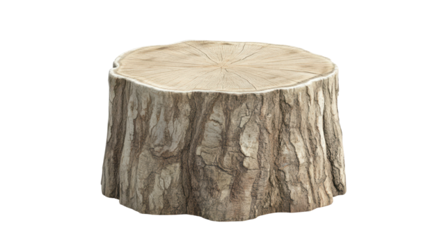A rustic, light-brown tree stump, smooth on top, textured bark below, isolated on black