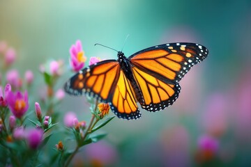 Obraz premium Vibrant Monarch Butterfly Perched on Colorful Blooms in a Soft-focus Garden Background, Capturing the Beauty of Nature's Delicate Creatures
