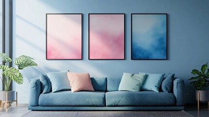 Modern living room with pastel-toned artwork and blue sofa.