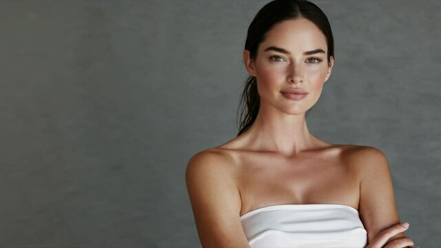 Elegant portrait video of a woman in a strapless top, shot from a slight side angle against a neutral background, showcasing natural beauty.