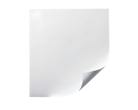 A Blank Square Piece of White Paper with Slightly Curled Corners Isolated on Transparent Background