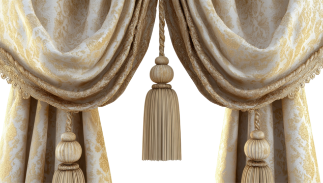 Elegant, cream-colored damask curtains with ornate gold detailing and decorative tassels hanging centrally