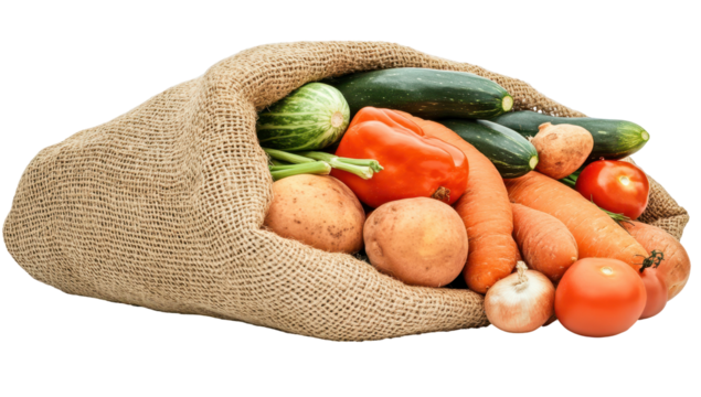 A burlap sack overflowing with a vibrant mix of fresh vegetables including potatoes, carrots, zucchini, bell peppers, onions, and tomatoes