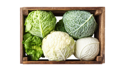 Overhead view of a rustic wooden crate containing four heads of savoy, white, and cauliflower