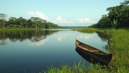 Obraz premium Calm lake scene with a traditional canoe.