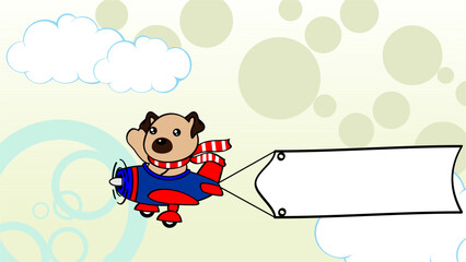 happy pug dog kid character cartoon airplane banner background in vector art