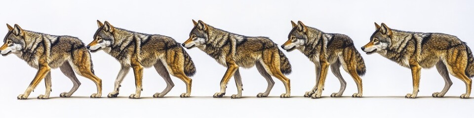 A sequence of five wolves walking in a line, captured in mid-stride