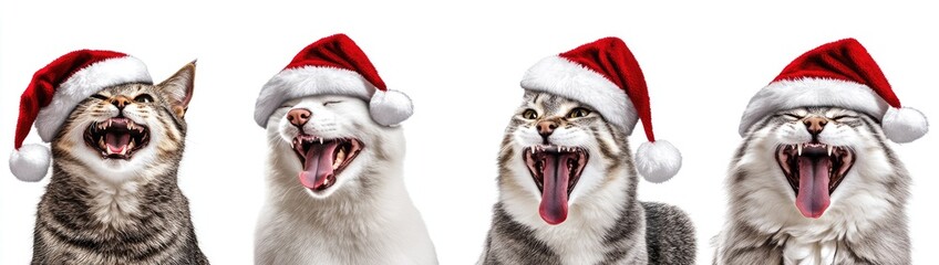 Four cats wearing Santa hats, all with mouths open and tongues out