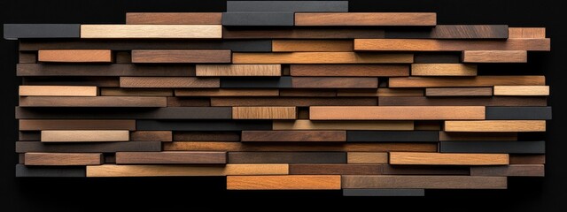 A wall of rectangular wooden slats in various shades of brown, arranged in an abstract pattern