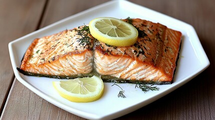 Cooked salmon fillet with lemon and dill garnish