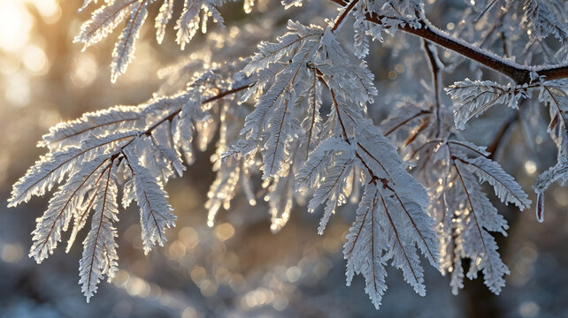 tree branches covered in white frost or hoarfrost, backlit by a soft winter morning sun