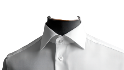 Crisp white dress shirt, buttoned, displayed on a headless mannequin, showcasing a sharp collar and impeccable tailoring