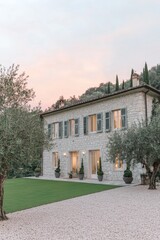 A stone house with a lawn and olive trees, lit up by the setting sun