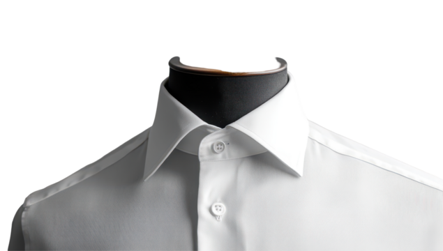 Crisp white dress shirt, buttoned, displayed on a headless mannequin, showcasing a sharp collar and impeccable tailoring