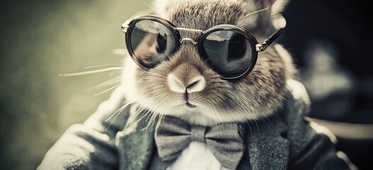 A rabbit in a suit and sunglasses looks intensely at the camera