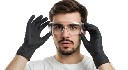 Portrait of a Man Adjusting Safety Glasses While Wearing Black Protective Gloves