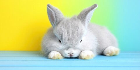 A fluffy white rabbit rests its head on a blue wooden surface, a soft focus yellow and green background