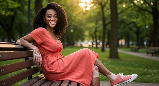A confident-looking African woman in her 30s with vitiligo smiles under the sunlight, wearing casual clothes in the city park.