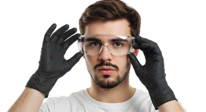 Portrait of a Man Adjusting Safety Glasses While Wearing Black Protective Gloves